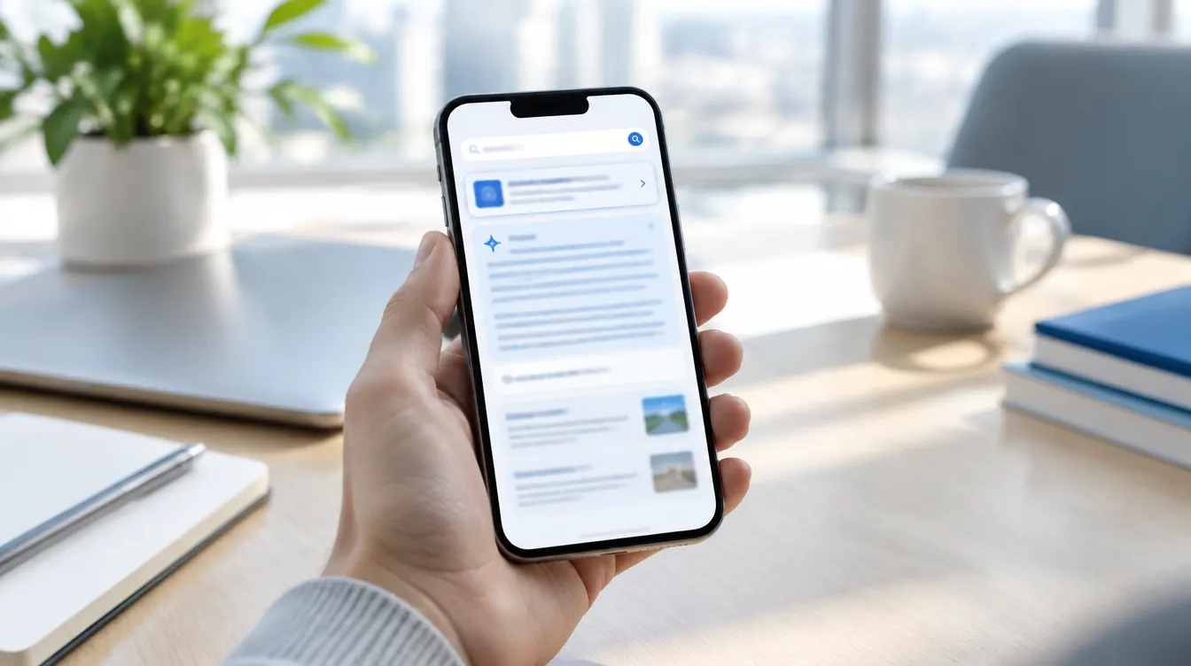 Hand hält ein Smartphone über einem Schreibtisch, auf dem Display eine KI-Antwort der Suche mit einer hervorgehobenen Link-Karte ganz oben