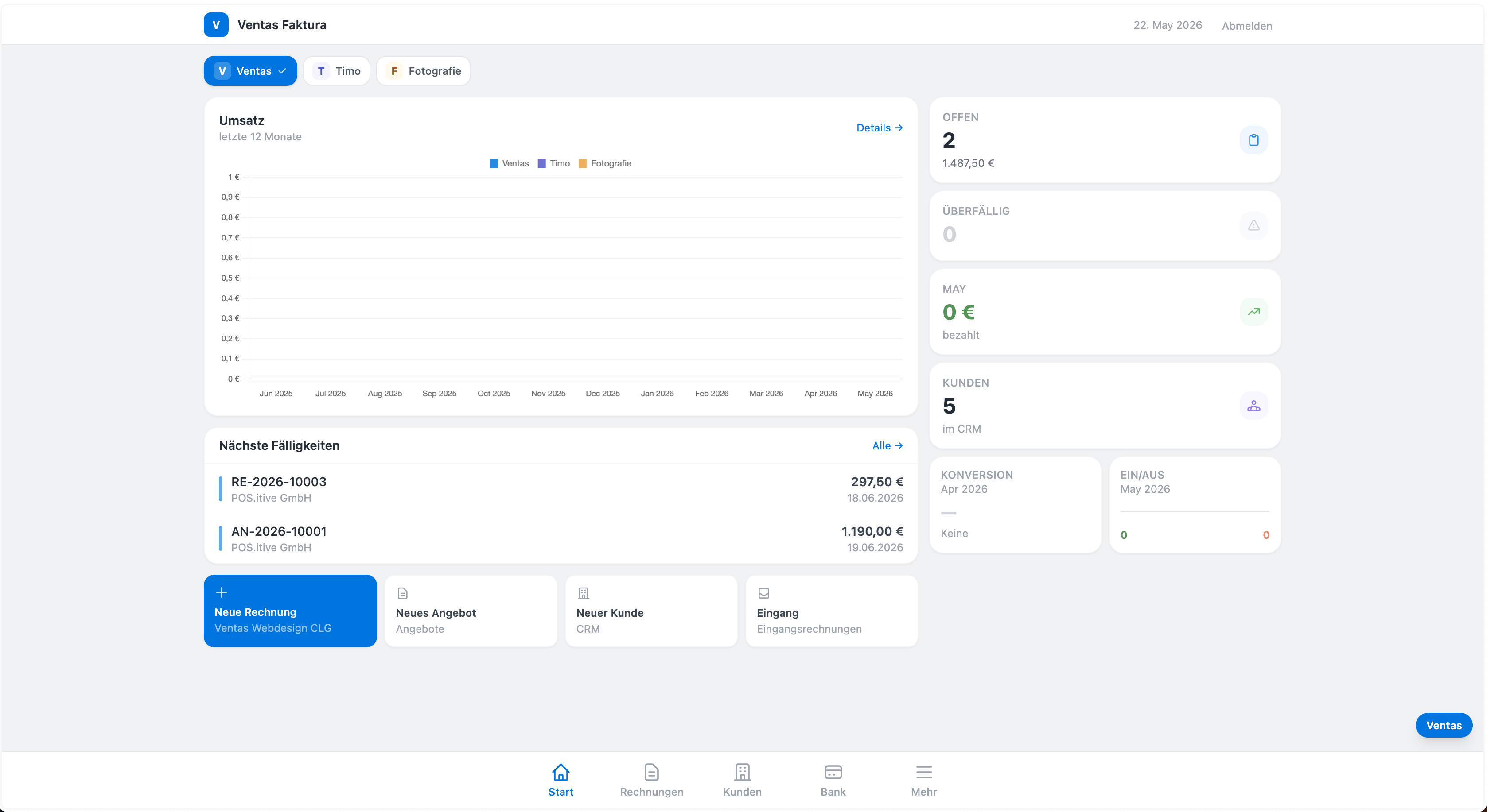 CRM & Faktura Dashboard — Rechnungen, Angebote, Bankabgleich