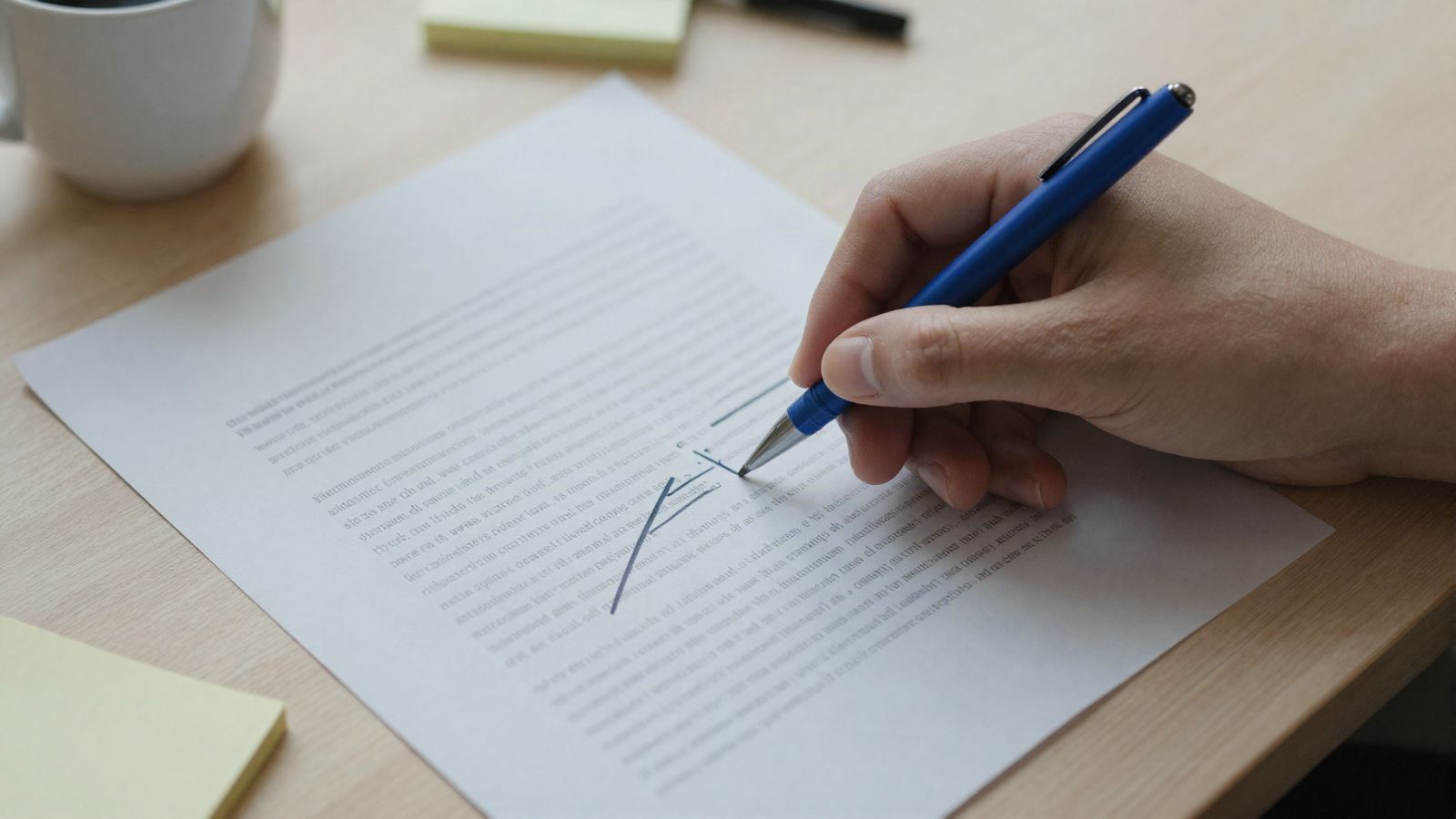 Hand mit blauem Stift überarbeitet einen ausgedruckten Text