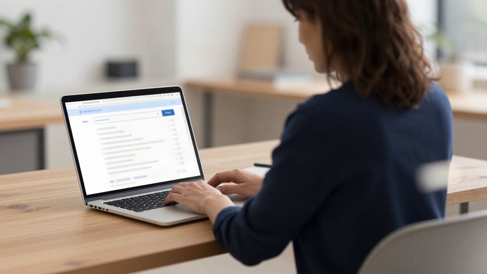 Frau am Schreibtisch prüft auf dem Laptop eine Suchergebnisseite